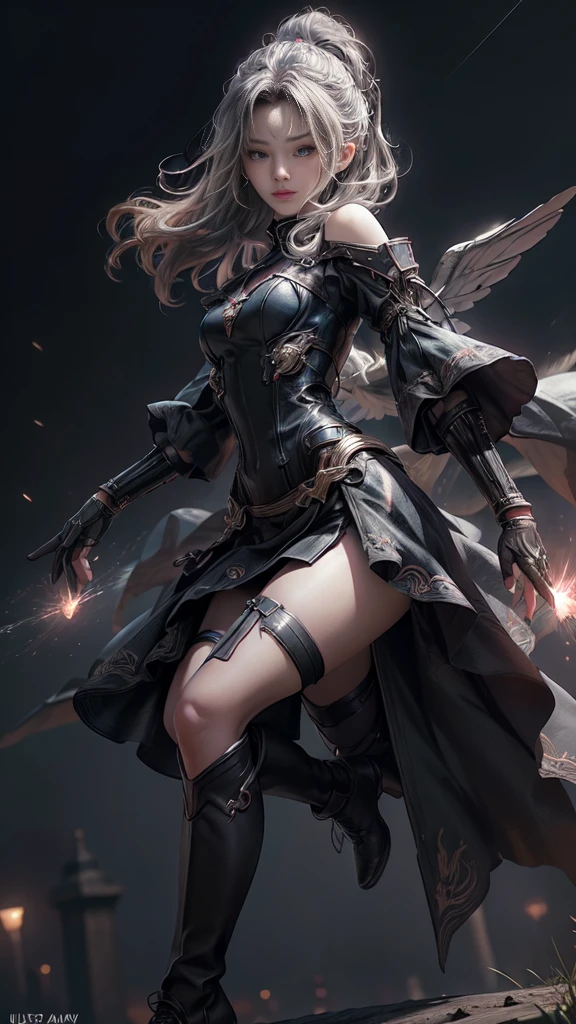 ((Highest quality)), ((Truly a masterpiece)), ((Ultra-detailed:1.4)), ((Ultra-Photorealistic 3D)), Android Magical Girl, Mechanical body, Dynamic action poses for battle scenes, Very complex and heavy fighter aircraft mechanical armament, Off-the-shoulder fashion that combines steampunk and gothic lolita with attention to detail, Intricate steampunk headgear, Very thin、Over-the-knee reggae mechanical boots、Fluttering lace flare mini skirt、 Beautiful small breasts directed upwards、Swaying in the Wind、Long, curly silver hair,、Countless large, shining spheres fly around、Lots of sparks cross and fly、Countless neon lights pouring down from the magical pose、Complex and precise mechanical Night City、Very dark background、Very dramatic and cinematic lighting、Big wings on the back8Growing in Sheets。