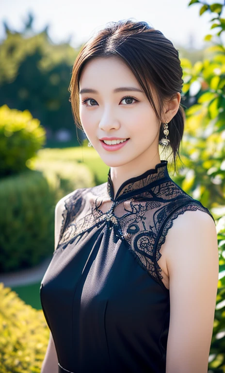 (a gorgeous lady, age 20s, classic black dress that exudes timeless elegance, versatile and sophisticated, posing naturally in a Chinese Garden under night sky, kind smile, dimpled cheeks, short ponytail, short bob hair, cute snaggleteeth, ample round bosom, perfect body anatomy, photorealistic, beautiful detailed eyes, hyper-realism, high contrast, ultra HD, realistic skin textures, top image quality, top-quality, super high resolution, fine details, serene ambience, very meticulously, high angle shot, medium shot, cowboy shot, bokeh background, SFW)