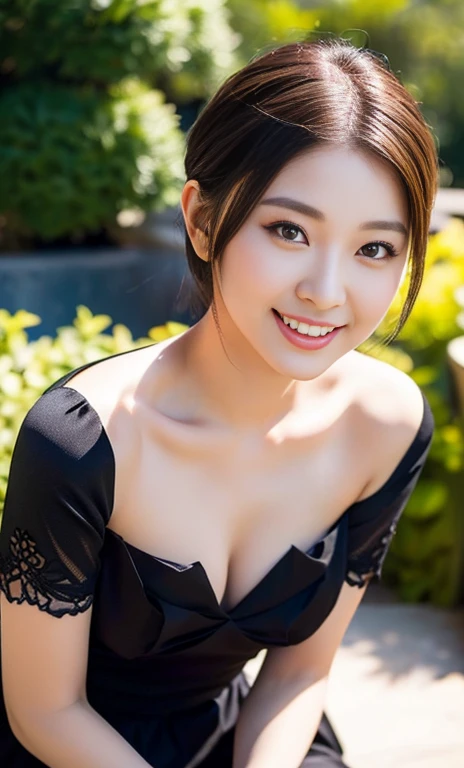 (a gorgeous lady, age 20s, classic black dress that exudes timeless elegance, versatile and sophisticated, posing naturally in a Chinese Garden under night sky, kind smile, dimpled cheeks, short ponytail, short bob hair, cute snaggleteeth, ample round bosom, perfect body anatomy, photorealistic, beautiful detailed eyes, hyper-realism, high contrast, ultra HD, realistic skin textures, top image quality, top-quality, super high resolution, fine details, serene ambience, very meticulously, high angle shot, medium shot, cowboy shot, bokeh background, SFW)