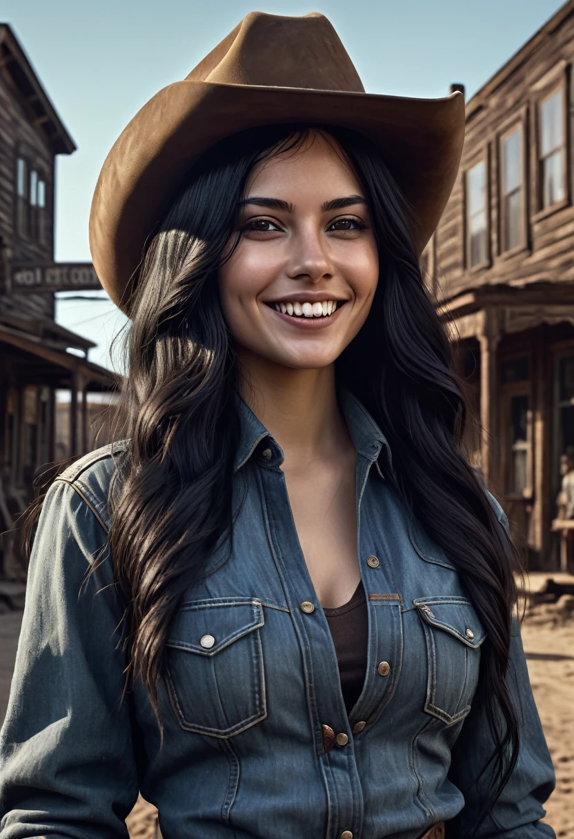 A disielpunk Style illustration(of a cowgirl with long black hair, large brown eyes, and a sweet smile: 1.5) (set in a post - apocalyptic Old West town: 1.4) (capturing an enigmatic night:1.3) [( influence of H.R. Giger and Simon Stålenhag)] (With detailed textures and atmospheric lighting) ( best quality, high quality, Photoshop details, perfect anatomy, perfect hands, perfect eyes, perfect clothers, perfect textured)