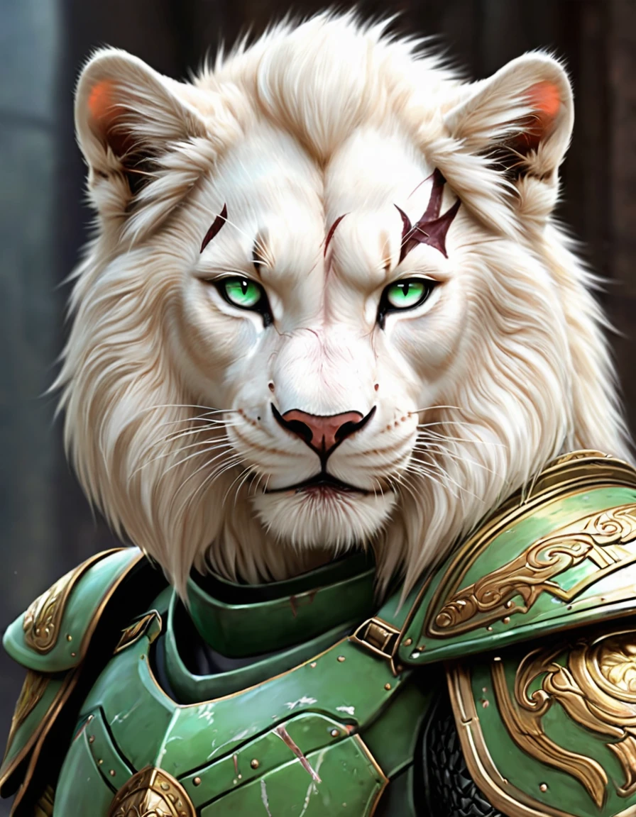 large albino lion warrior, strong feline face and white fur, using combat armor, pale green eyes, and a scar runs through his left eye socket