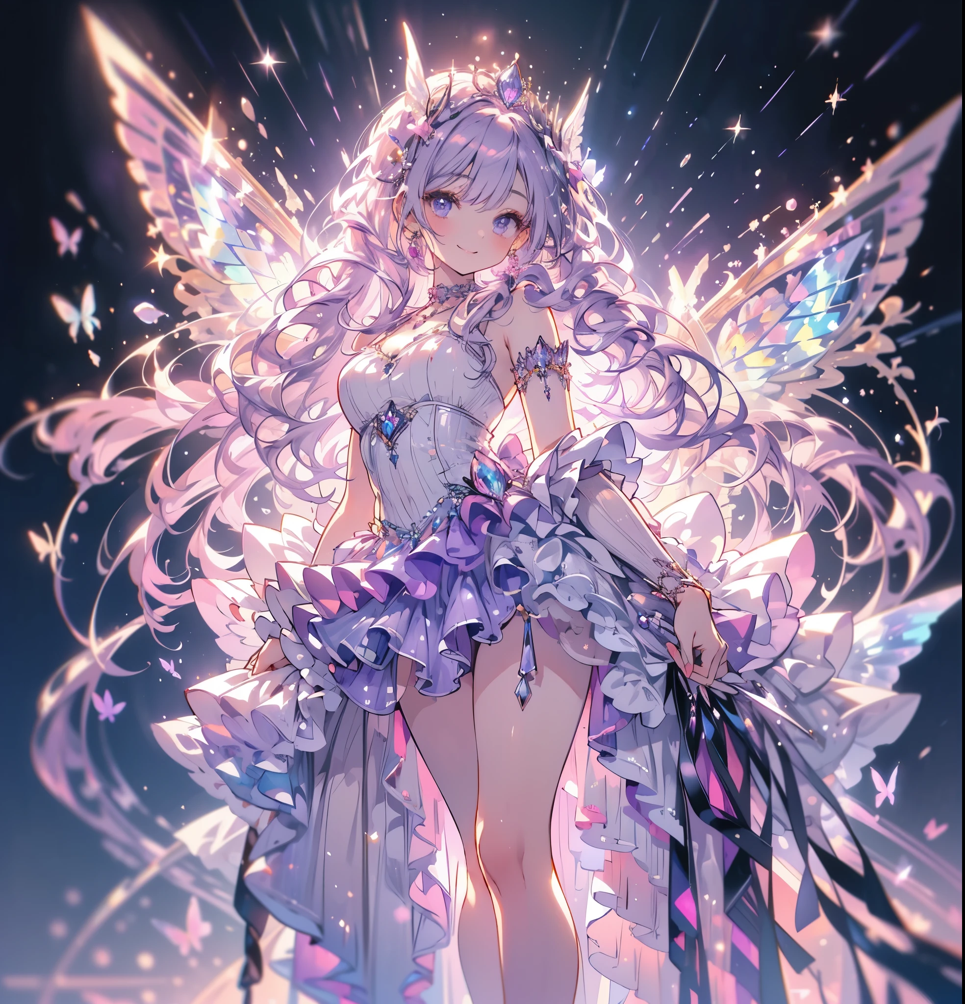(masterpiece,Highest quality, Very detailed, beautiful, Exquisite, 16K, Full HD),((Whole body)), ((White Background)),((smile,Happy:1.5)),((Frills, Rhinestones and Amethyst,Sparkly purple fluffy layered ball gown)),((city)),((Butterfly Wings)),(amethyst tiara,Amethyst Choker,Amethyst Earrings,Amethyst Shoes,)(Pink medium hair,Hair blowing in the wind, Fluffy hair),(White skin,Lavender eyes, Long eyelashes, Big eyes,Pale pink cheeks),Dazzling Light, Warm lighting, (pastel colour,Fantasy art:1.2),