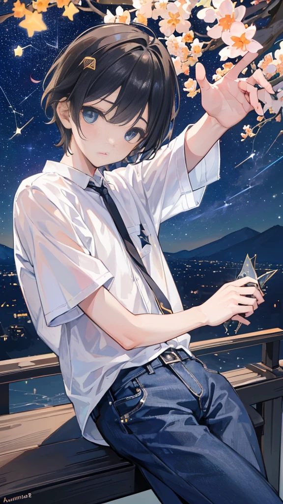 absurdres, highres, 30 years old、masterpiece, best quality, ultra-detailed 8k wallpaper, (detailed beautiful face):1.2, (detailed beautiful eyes)1:1, (1 boy:1.6), solo, (He’s looking at us:1.2), black hair, (summer triangle:1.3), The Star Festivalshining sky, shirt、Jeans、distant horizon, clouds, natural beauty, (night sky, Shining Stars:1.5), (summer triangle:1.5), Residential area seen from balcony, Residential area in the distance, BREAK (very wide:1.3),(panorama view:1.3),(sense of depth:1.5),(long shot:1.3),(magnificent view:1.3) 
