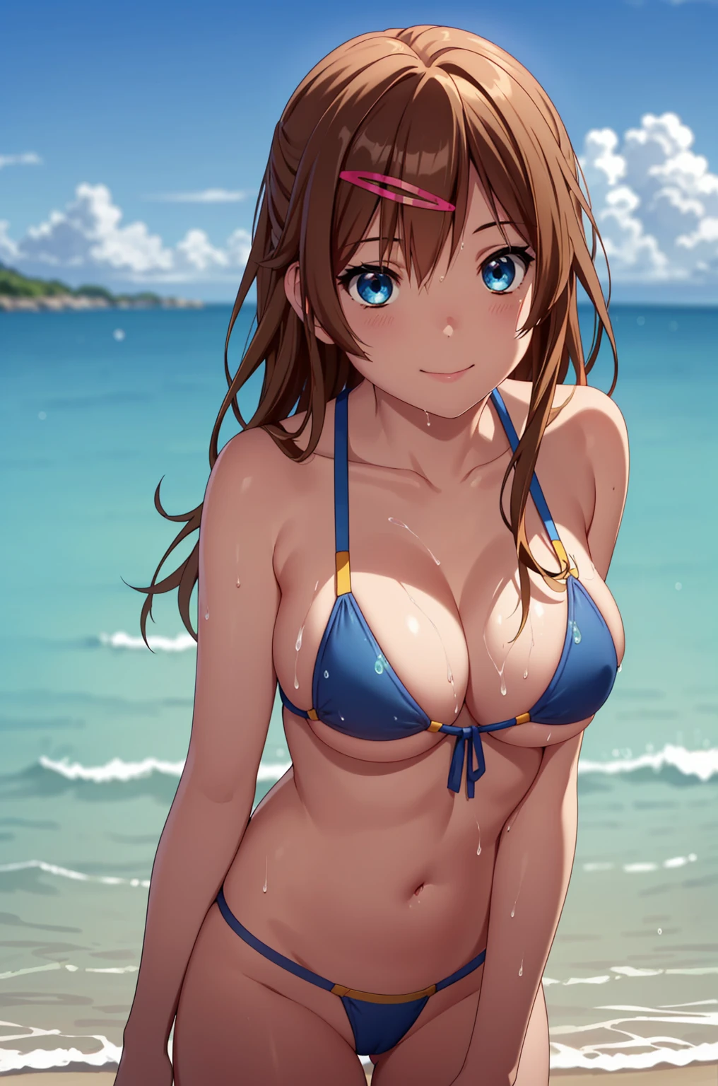 ((masterpiece, Highest quality, High resolution, uhd, Pixel perfect, Depth of written boundary, 4K, RTX, HDR)), 1 Girl, single, alone, 24-years-old, Anime Girls, Beautiful art style, anime character, ((Parted bangs, Brown Hair)), (blue eyes、Round eyes, Delicate eyelashes、Beautiful eyelashes, Perfect Eyes), (Detailed face:1.2), (Smooth texture:0.75, Realistic texture:0.65, Realistic:1.2, Cinematic, Anime CG Style), Perfect body、Moderately good breasts:1.7、Micro Bikini:1.8、Visible from the thighs:1.9、Wet、Water Drop、Splash、、visible from below、Pause、smile、night:1.8、Bra shoulder straps:1.8、Ocean:1.8、