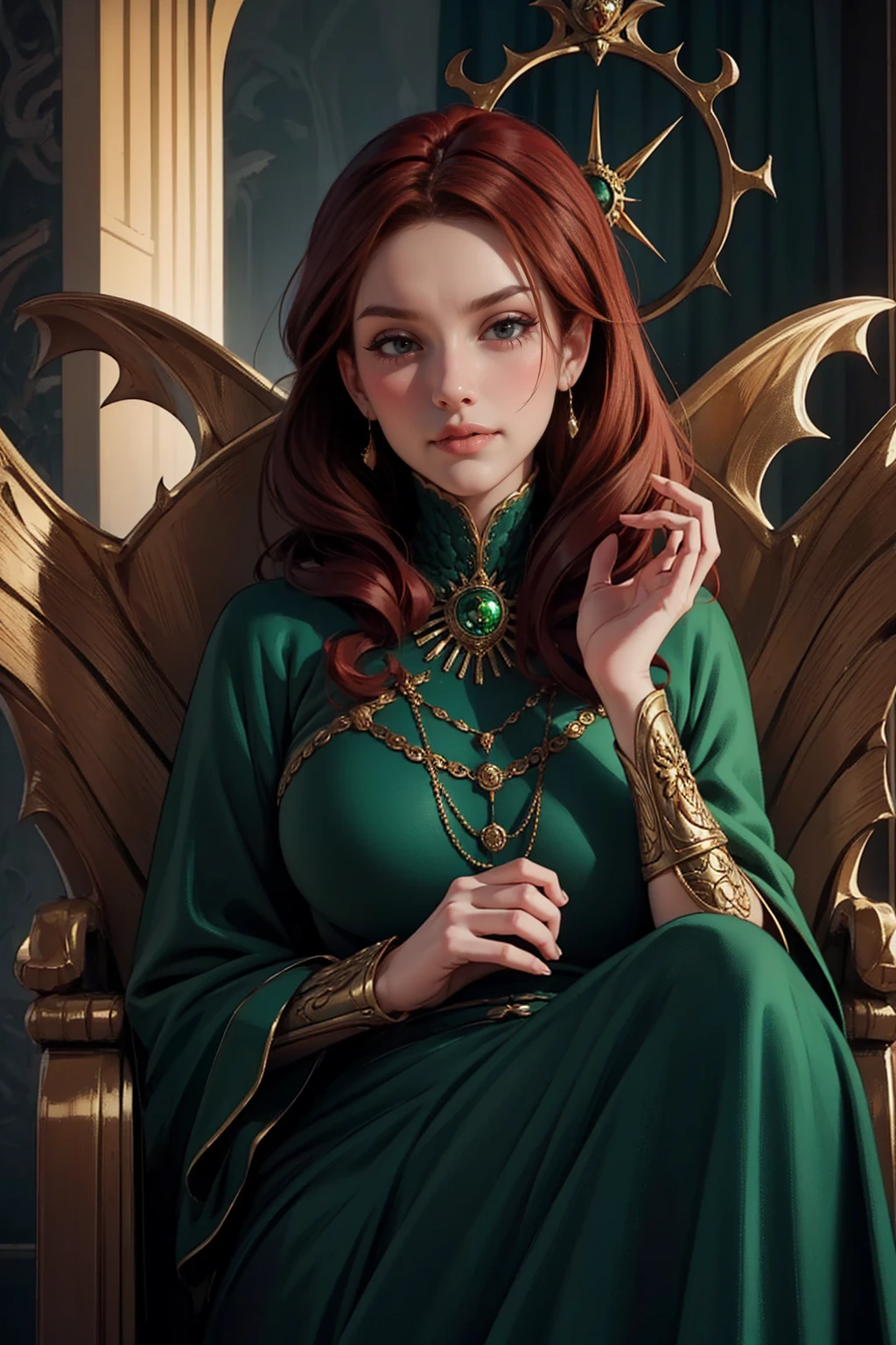 {-erro_de_anatomia:1.0} woman 40 years old, victorian era, queen clothes, (green dress), dark castle, a woman (alicent hightower), meddium dark red hair (dark red hair), (brown eyes) . Indifferent look , merciless. among the dragons, dinamic poses, egoist smile, upper body, sitting in the iron throne