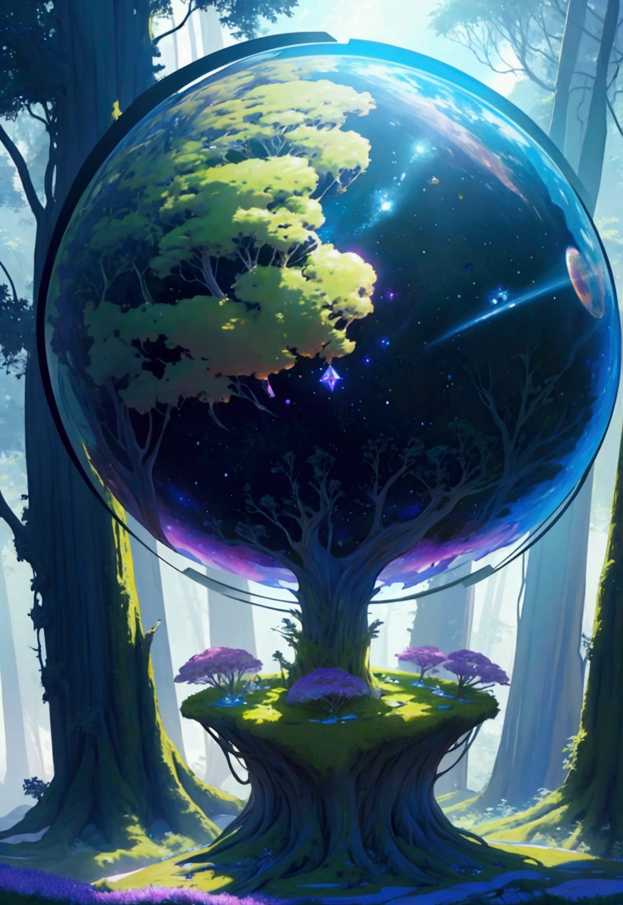 (((masterpiece))) (((Best Quality))) crystal sphere, close-up of a planet with a bunch of trees on it, planet cubierto de malezaa, planet verdea, Fractal world, overgrown fantasy world, planet de fantasiaa, Dyson sphere, planet rosaa, 3D rendering beep, planetary landscape, round planet inspired by Jofra Bosschart, planet, futuristic world, psychedelic flower planets, ethereal world, (Outgoing glow)