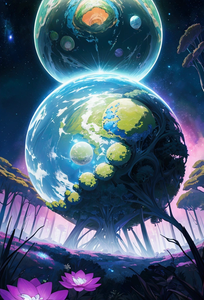 (((masterpiece))) (((Best Quality))) crystal sphere, close-up of a planet with a bunch of trees on it, planet cubierto de malezaa, planet verdea, Fractal world, overgrown fantasy world, planet de fantasiaa, Dyson sphere, planet rosaa, 3D rendering beep, planetary landscape, round planet inspired by Jofra Bosschart, planet, futuristic world, psychedelic flower planets, ethereal world, (Outgoing glow)