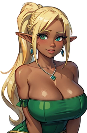 (masterpiece, official art), 1girls, solo, thick, curvy, curvaceous, blonde hair, green eyes, long hair, ponytail, elf ears, elf, leafa, (closeup), portrait, (gigantic breasts), (huge breasts), fluffy breasts, standing, cowboy shot, at bar, at night, looking at viewer, (upper body), grin, seductive, alluring attire, sidelock braids, strapless tight evening dress, earrings, necklace, open shoulders, dark skin