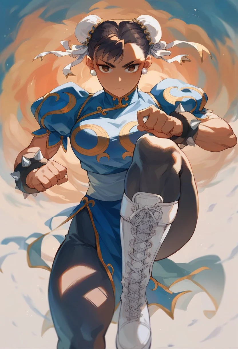 Arafe woman chun-li solo with ponytail haighting Game Fightetness Model、Big breasts about to burst、No exposed skin、thin and long legs,、Fitness Body Shape、Pose ready to fight、battle look, close up