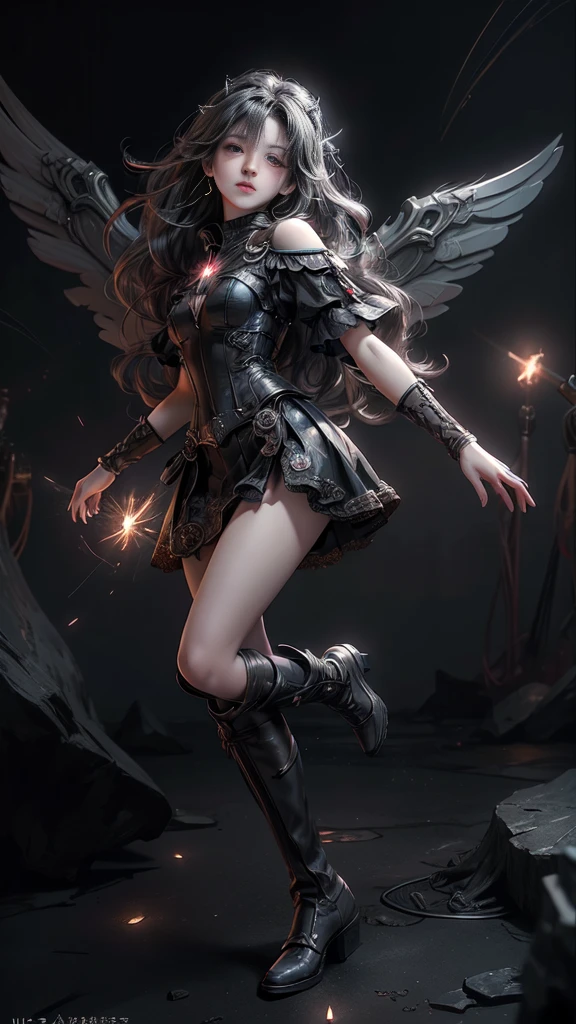 ((Highest quality)), ((Truly a masterpiece)), ((Ultra-detailed:1.4)), ((Ultra-Photorealistic 3D)), Android Magical Girl, Mechanical body, Dynamic action poses for battle scenes, Very complex and heavy fighter aircraft mechanical armament, Off-the-shoulder fashion that combines steampunk and gothic lolita with attention to detail, Intricate steampunk headgear, Very thin、Over-the-knee reggae mechanical boots、Fluttering lace flare mini skirt、 Beautiful small breasts directed upwards、Swaying in the Wind、Long, curly silver hair,、Countless large, shining spheres fly around、Lots of sparks cross and fly、Countless neon lights pouring down from the magical pose、Complex and precise mechanical Night City、Very dark background、Very dramatic and cinematic lighting、Big wings on the back8Growing in Sheets。