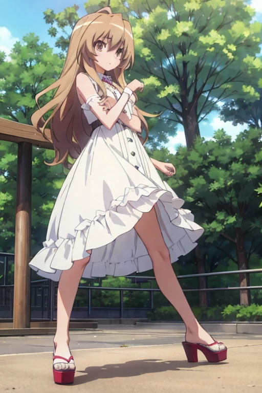18 year old taiga girl aisaka in white sexy open platform high heels and dress posing in the park