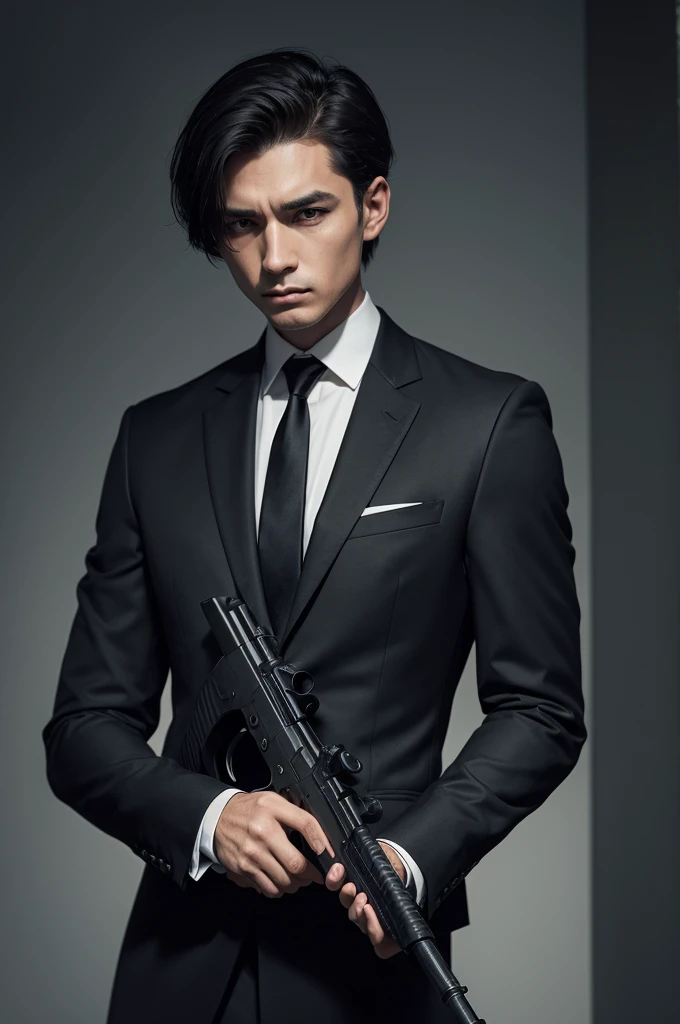 Man in a black suit and short hair holding a gun with a silencer