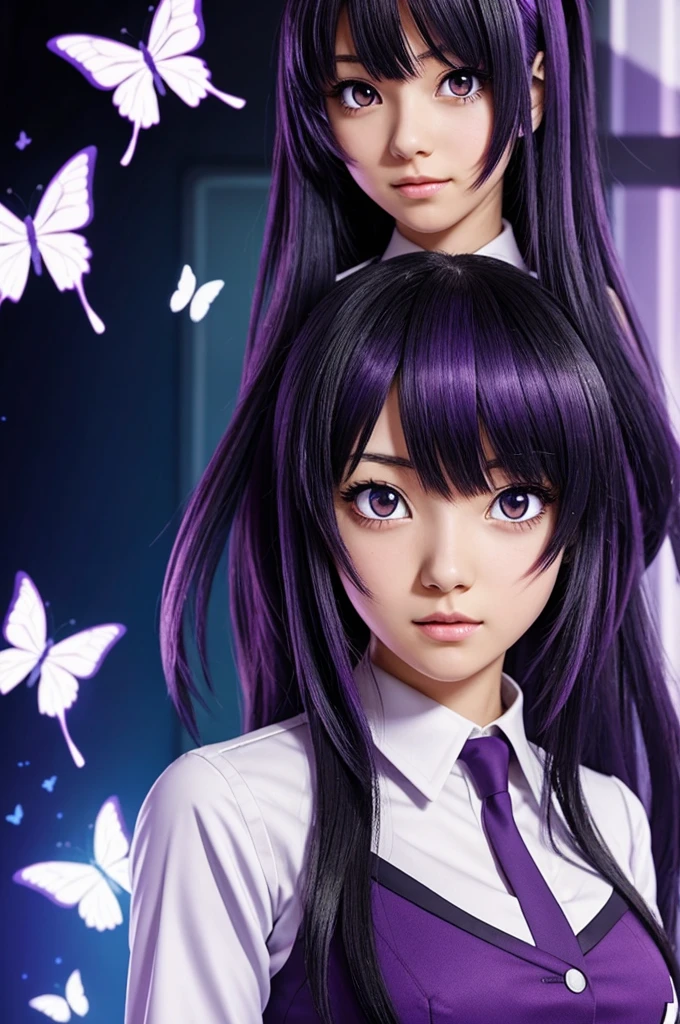 anime girl, with the UA uniform of bnha, black hair with purple straight and long with butterfly cut, good body, with purple eyes