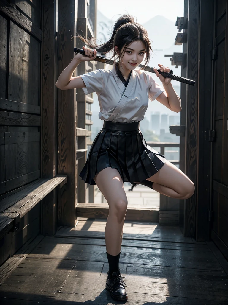 Battlefield Background,flying kick,kung fu,One wears a Japanese school uniform,Blue ultra-short pleated skirt,Close-up shot of teenage girl in black leather shoes holding samurai sword for fighting,Full body close-up,Fighting Stance,smiling face
