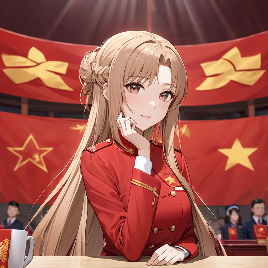 ((Highest quality)), ((masterpiece)), (detailed), （Perfect Face）、The woman is Chinese. She is a Chinese woman with light brown, medium-long hair and an engagement ring. She is a member of the glorious Chinese Communist Party and has sworn absolute loyalty to the Chinese Communist Party. She is a righteous Communist Party member of China.、The woman is wearing the fine uniform of a Chinese Communist Party member.、For the sake of China, their hairstyles, clothes, and everything they wear are all Chinese Communist Party items, and their thoughts are also Chinese, becoming great Chinese in body and mind.、The woman became Yuuki Asuna, a Chinese woman who is proud of and loves China.、She is serving China as a member of the great Communist Party of China.、The woman is a beautiful, respectable and exemplary Communist Party member.