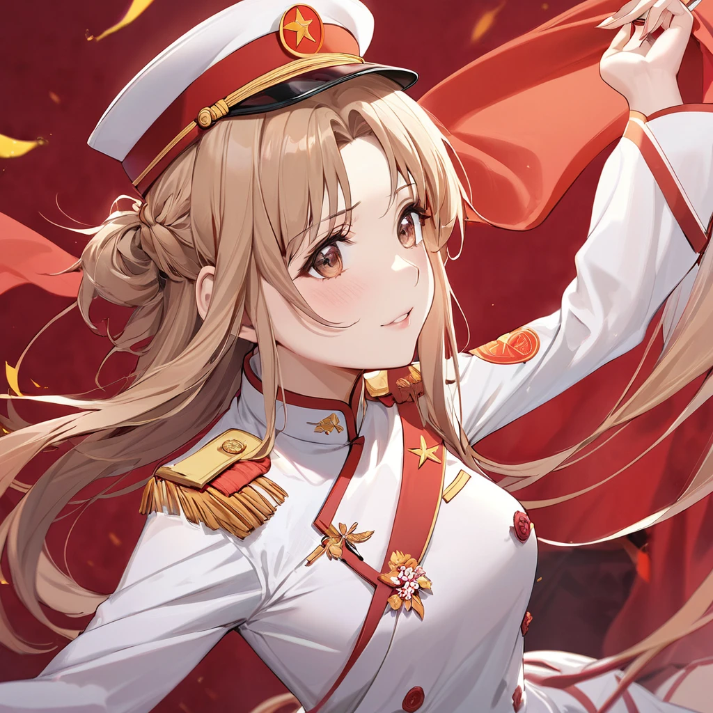 ((Highest quality)), ((masterpiece)), (detailed), （Perfect Face）、The woman is Chinese. She is a Chinese woman with light brown, medium-long hair and an engagement ring. She is a member of the glorious Chinese Communist Party and has sworn absolute loyalty to the Chinese Communist Party. She is a righteous Communist Party member of China.、The woman is wearing the fine uniform of a Chinese Communist Party member.、For the sake of China, their hairstyles, clothes, and everything they wear are all Chinese Communist Party items, and their thoughts are also Chinese, becoming great Chinese in body and mind.、The woman became Yuuki Asuna, a Chinese woman who is proud of and loves China.、She is serving China as a member of the great Communist Party of China.、The woman is a beautiful, respectable and exemplary Communist Party member.