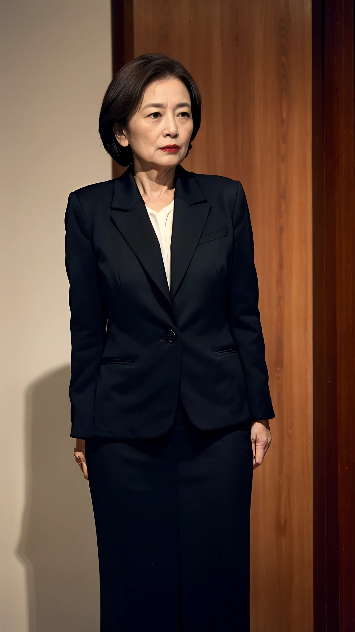 masterpiece, ((Great Focus)), 32K, Beautiful finish, Beautiful mature woman, 65-year-old woman, Photo of your ID, Member of Parliament, Congressman Badge, View from the front, A disdainful look, Cool look, Red lips, Thin lips, suit, Light from the front,
