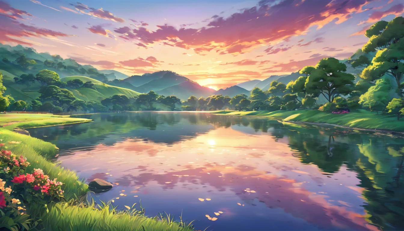 highly detailed, masterpiece, ultra-realistic, vibrant colors, beautiful landscape, serene countryside park, scenic overlook, sunset atmosphere, dramatic lighting, soft focus, serene tranquility, intricate details, lush greenery, calm water reflection, faraway perspective, anime art style