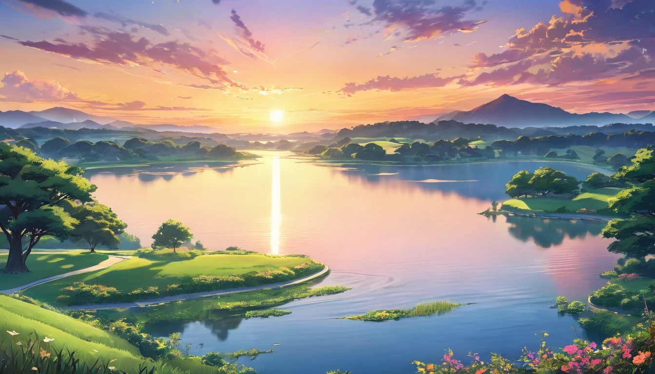 highly detailed, masterpiece, ultra-realistic, vibrant colors, beautiful landscape, serene countryside park, scenic overlook, sunset atmosphere, dramatic lighting, soft focus, serene tranquility, intricate details, lush greenery, calm water reflection, faraway perspective, anime art style