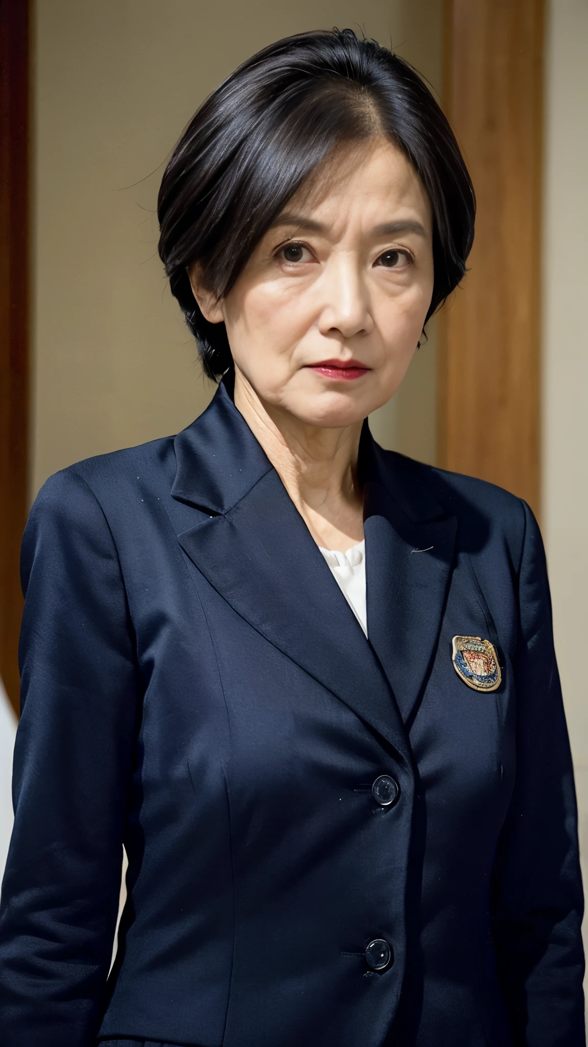 masterpiece, ((Great Focus)), 32K, Beautiful finish, Beautiful mature woman, 65-year-old woman, Photo of your ID, Member of Parliament, Congressman Badge, View from the front, A disdainful look, Cool look, Red lips, Thin lips, suit, Light from the front,
