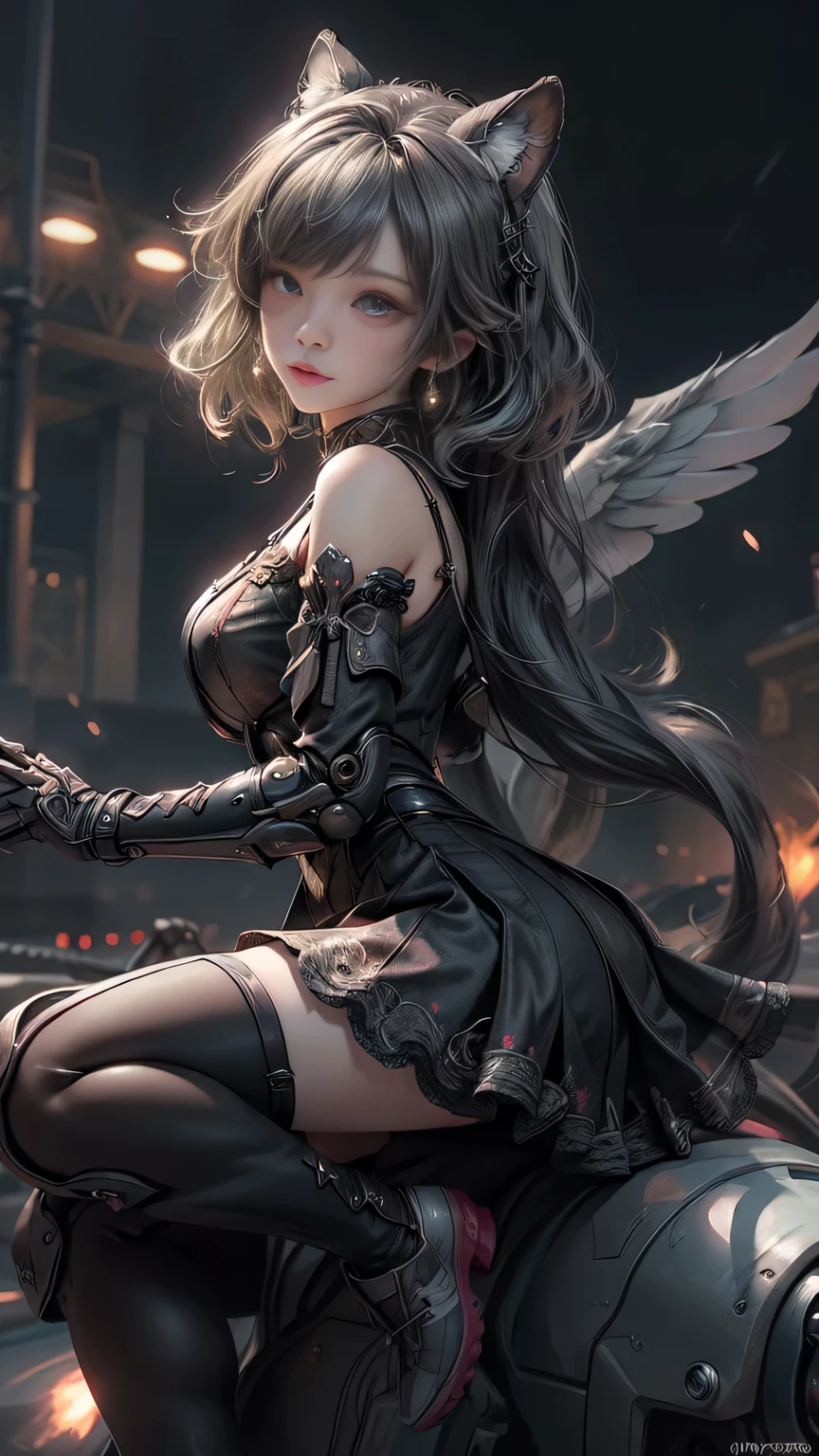 ((Highest quality)), ((Truly a masterpiece)), ((Ultra-detailed:1.4)), ((Ultra-Photorealistic 3D)), Android Magical Girl, Mechanical body, Dynamic action poses for battle scenes, Very complex and heavy fighter aircraft mechanical armament, Off-the-shoulder fashion that combines steampunk and gothic lolita with attention to detail, Intricate steampunk headgear, Very thin、Over-the-knee reggae mechanical boots、Fluttering lace flare mini skirt、 Beautiful small breasts directed upwards、Swaying in the Wind、Long, curly silver hair,、Countless large, shining spheres fly around、Lots of sparks cross and fly、Countless neon lights pouring down from the magical pose、Complex and precise mechanical Night City、Very dark background、Very dramatic and cinematic lighting、Big wings on the back8Growing in Sheets。