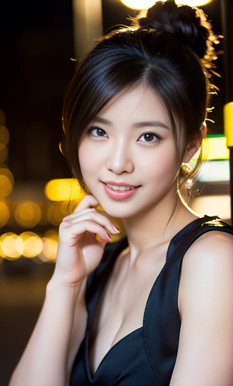 (a gorgeous lady, age 20s, classic black dress that exudes timeless elegance, versatile and sophisticated, posing naturally under night sky, Tokyo tower,
kind smile, dimpled cheeks, short ponytail, short bob hair, cute snaggleteeth, ample round bosom, perfect body anatomy, photorealistic, beautiful detailed eyes, hyper-realism, high contrast, ultra HD, realistic skin textures, top image quality, top-quality, super high resolution, fine details, serene ambience, very meticulously, high angle shot, medium shot, cowboy shot, bokeh background, lens flare, SFW)