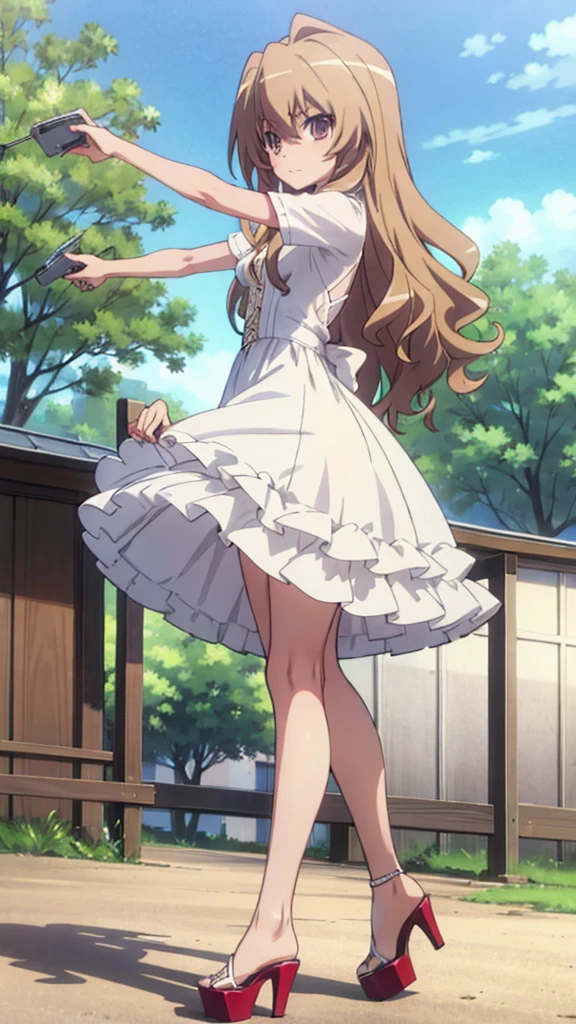 18 year old taiga girl aisaka in white sexy open platform high heels and dress posing in the park