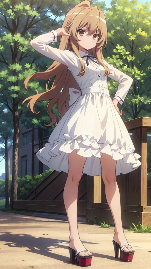 18 year old taiga girl aisaka in white sexy open platform high heels and dress posing in the park 