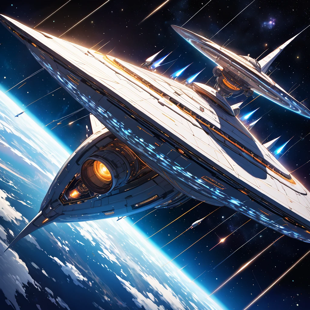 A gigantic and solitary rectangular spaceship, and 90 degree angles, sailing in deep space, full of antennas all over the surface and bright points of light like those of an airplane at night.
