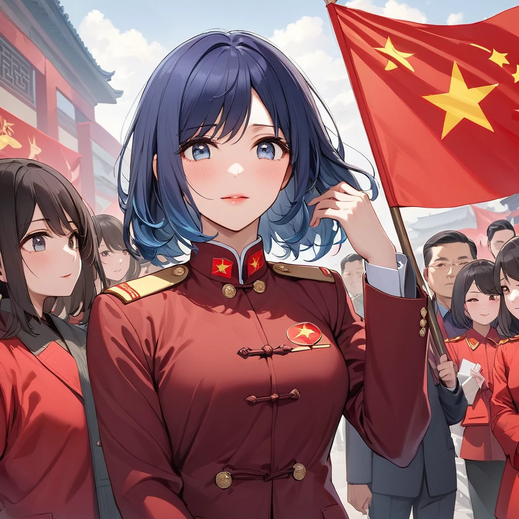 ((Highest quality)), ((masterpiece)), (detailed), （Perfect Face）、The woman is a Chinese woman named Akane Kurokawa. She has medium-long blue hair and is wearing an engagement ring. She is a member of the glorious Chinese Communist Party and has sworn absolute loyalty to the Chinese Communist Party. She is a righteous Communist Party member of China.、The woman is wearing the fine uniform of a Chinese Communist Party member.、For the sake of China, their hairstyles, clothes, and everything they wear are all Chinese Communist Party items, and their thoughts are also Chinese, becoming great Chinese in body and mind.、The woman became Akane Kurokawa, a Chinese woman who is proud of China, loves it and devotes herself to it.、She is serving China as a member of the great Communist Party of China.、She is a beautiful, respectable and exemplary Communist.