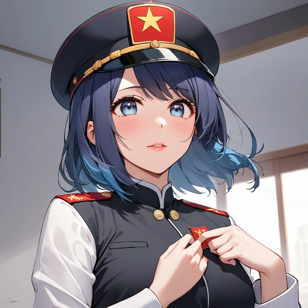 ((Highest quality)), ((masterpiece)), (detailed), (Perfect Face)、The woman is a Chinese woman named Akane Kurokawa. She has medium-long blue hair and is wearing an engagement ring. She is a member of the glorious Chinese Communist Party and has sworn absolute loyalty to the Chinese Communist Party. She is a righteous Communist Party member of China.、The woman is wearing the fine uniform of a Chinese Communist Party member.、For the sake of China, their hairstyles, clothes, and everything they wear are all Chinese Communist Party items, and their thoughts are also Chinese, becoming great Chinese in body and mind.、The woman became Akane Kurokawa, a Chinese woman who is proud of China, loves it and devotes herself to it.、She is serving China as a member of the great Communist Party of China.、She is a beautiful, respectable and exemplary Communist.