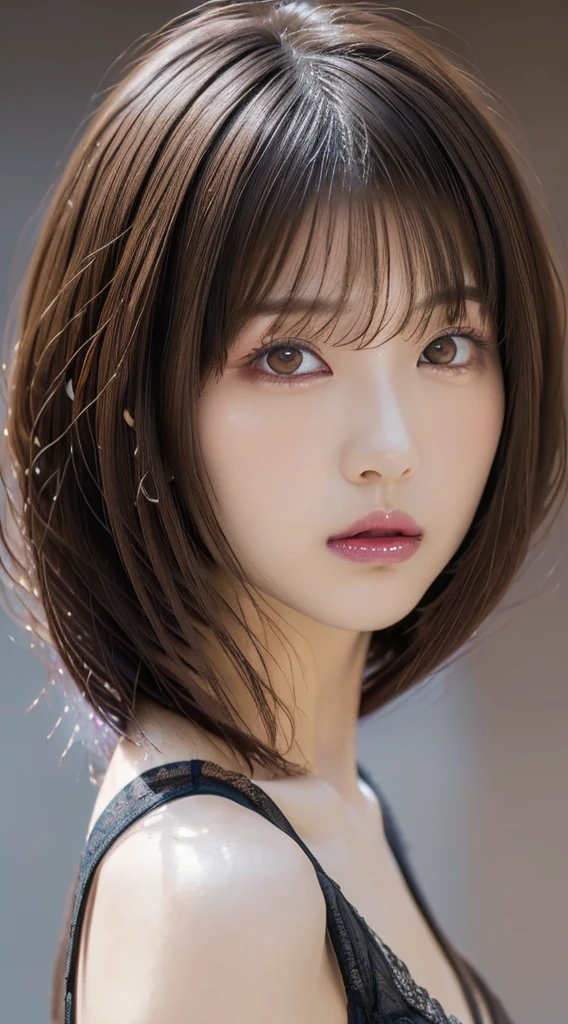 ((Bust up shot:1.6))、One woman、1 photo、((flat and small breasts:1.7))、((sensual look:1.8))、((ID photo:1.4))、((Apply beautiful makeup:1.7))、((A pale cherry-colored lip for moisturized lips:1.5))、((Girl in white strapless negligee:1.5))、((No underwear:1.5))、Natural Shading、((Moist eyes:1.3))、(K-Pop Idols)、Serene and goddess-like beauty、((Slightly parted lips:1.3))、Natural Shading、((((Beautiful short bob cut brown hair:1.5))))、((Chestnut-haired Japanese woman)))、(Yin and Yang Expressions:1.5)、masterpiece, Highest quality, 8k, High-definition image quality, (Upper body:1.4), Beautiful girls, Beautiful face, Looking at the audience, Surreal, High resolution, Sharp focus, High resolution, フェイスLight, Dynamic Lighting, Light, Professional Shadow, Simple Background, (Dull grey background:1.4), Highest detail, Very detailed, Ultra-detailed, In detail, Real Skin, Delicate facial features, Detailed face and eyes, Sharp pupils、live action idol