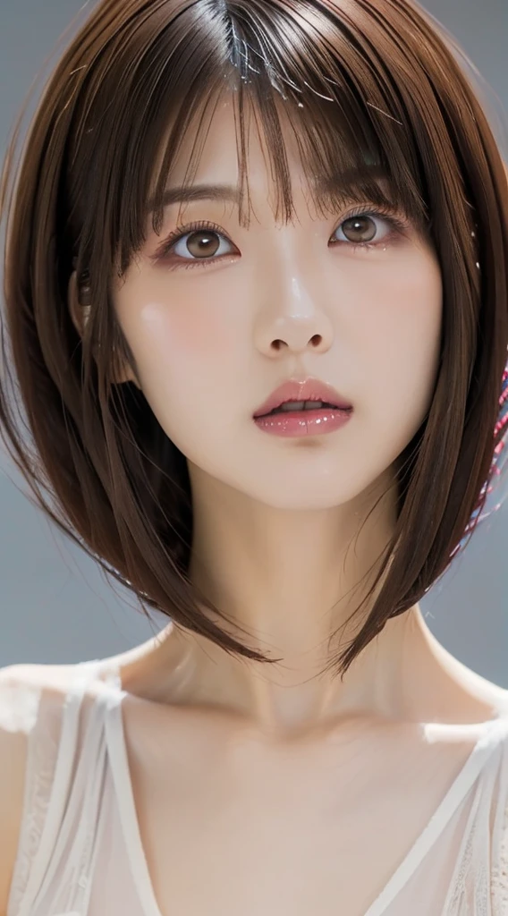 ((Bust up shot:1.6))、One woman、1 photo、((flat and small breasts:1.7))、((sensual look:1.8))、((ID photo:1.4))、((Apply beautiful makeup:1.7))、((A pale cherry-colored lip for moisturized lips:1.5))、((Girl in white strapless negligee:1.5))、((No underwear:1.5))、Natural Shading、((Moist eyes:1.3))、(K-Pop Idols)、Serene and goddess-like beauty、((Slightly parted lips:1.3))、Natural Shading、((((Beautiful short bob cut brown hair:1.5))))、((Chestnut-haired Japanese woman)))、(Yin and Yang Expressions:1.5)、masterpiece, Highest quality, 8k, High-definition image quality, (Upper body:1.4), Beautiful girls, Beautiful face, Looking at the audience, Surreal, High resolution, Sharp focus, High resolution, フェイスLight, Dynamic Lighting, Light, Professional Shadow, Simple Background, (Dull grey background:1.4), Highest detail, Very detailed, Ultra-detailed, In detail, Real Skin, Delicate facial features, Detailed face and eyes, Sharp pupils、live action idol