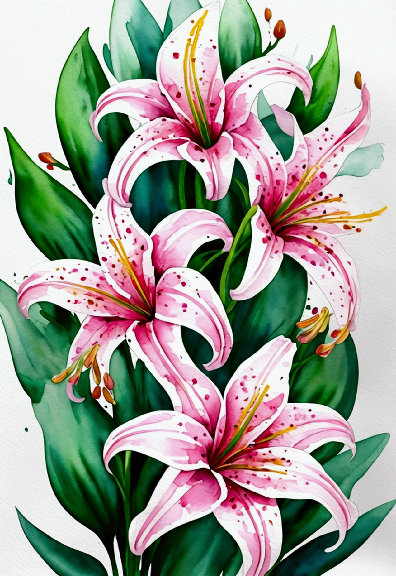 wtrcolor style, digital art (Lilies), official art, blown by the wind, masterpiece, beautiful, ((watercolor)), paint splash, intricate details. great detail, [drip:0.5], trend in artstation, Raquel Walker