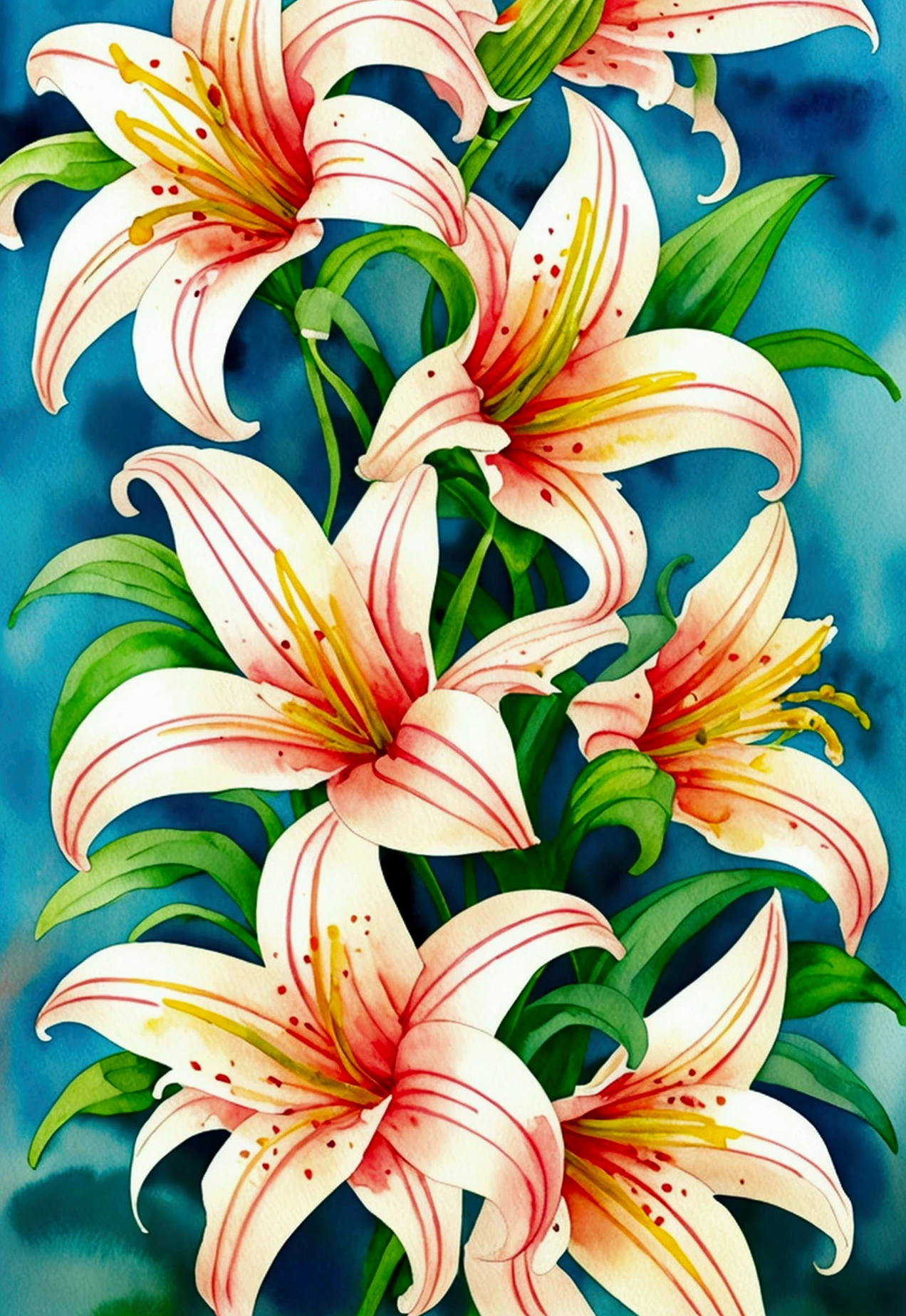 wtrcolor style, digital art (Lilies), official art, blown by the wind, masterpiece, beautiful, ((watercolor)), paint splash, intricate details. great detail, [drip:0.5], trend in artstation, Raquel Walker