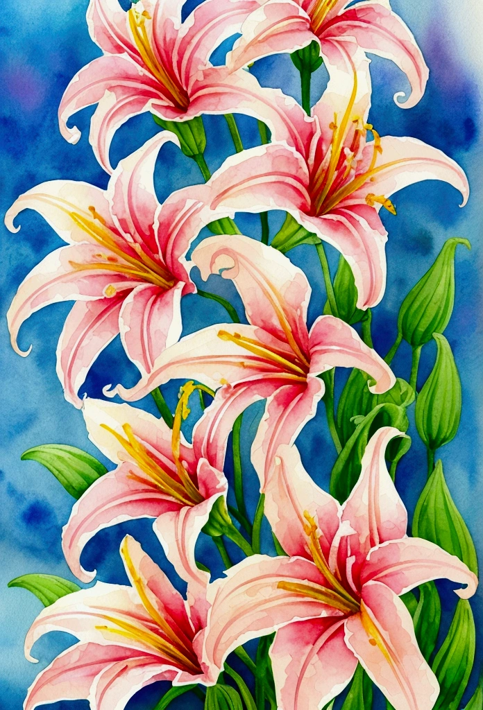 wtrcolor style, digital art (Lilies), official art, blown by the wind, masterpiece, beautiful, ((watercolor)), paint splash, intricate details. great detail, [drip:0.5], trend in artstation, Raquel Walker