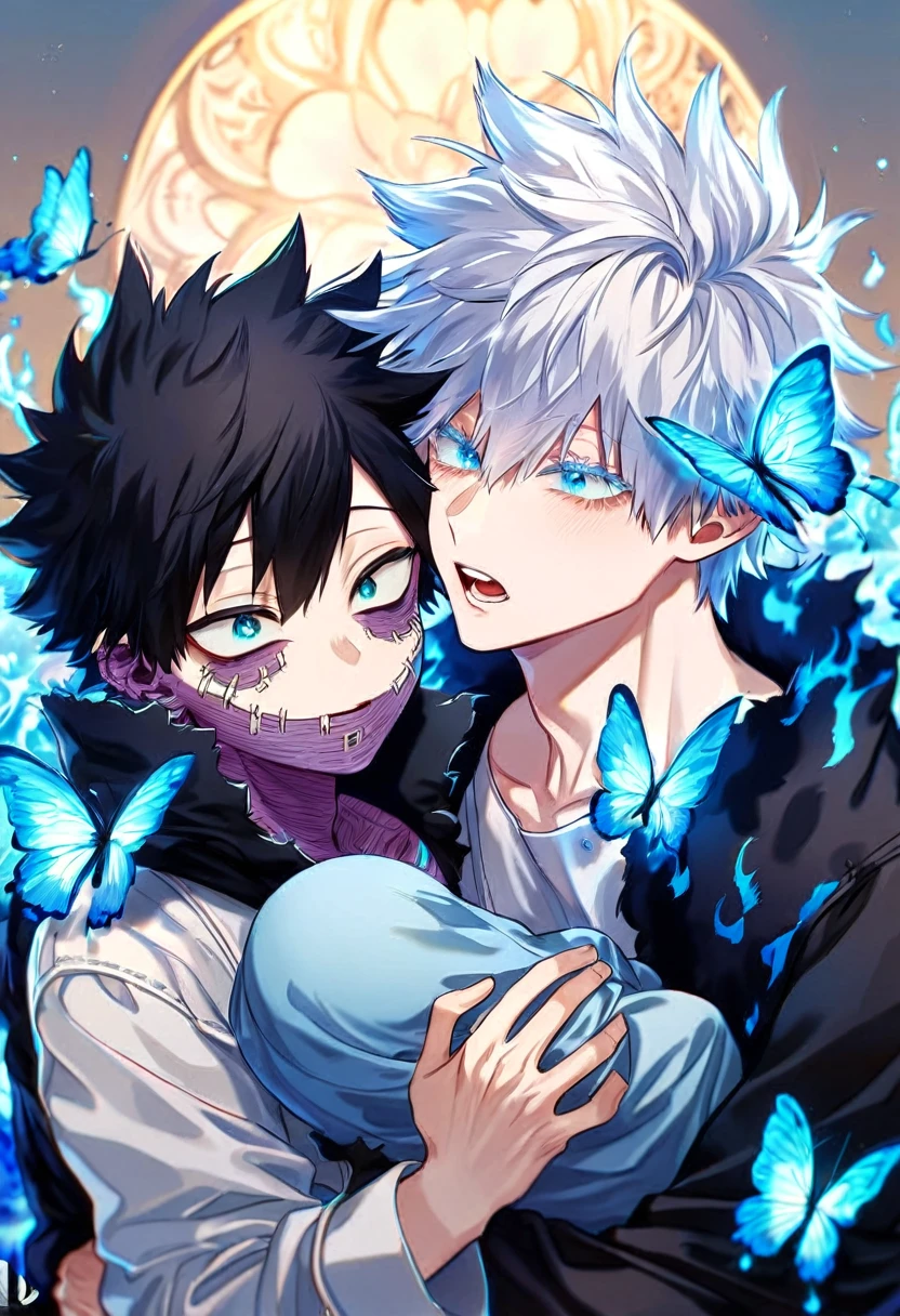 absurdres, highres, ultra detailed, HDR, master piece, best quality, extremely detailed face, delicated features, Dabi, black hair, expressive turquoise eyes, Boku No Hero Academia, Gojou Satoru, white hair, expressive blue eyes, white eyelashes, two sexy men together, carrying a baby, handsome, yaoi, gay couple, family of three, light-blue coat with fur collar, black coat, fantasy, magical, blue fire butterflies, fire flowers, blue fire, blue flames, blue shining moon, blue flames in the background