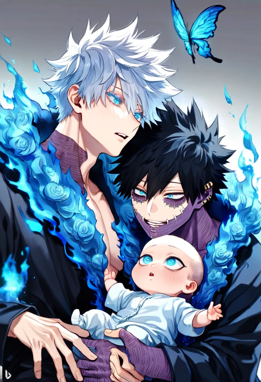 absurdres, highres, ultra detailed, HDR, master piece, best quality, extremely detailed face, delicated features, Dabi, black hair, expressive turquoise eyes, Boku No Hero Academia, Gojou Satoru, white hair, expressive blue eyes, white eyelashes, two sexy men together, carrying a baby, handsome, yaoi, gay couple, family of three, light-blue coat with fur collar, black coat, fantasy, magical, blue fire butterflies, fire flowers, blue fire, blue flames, blue shining moon, blue flames in the background