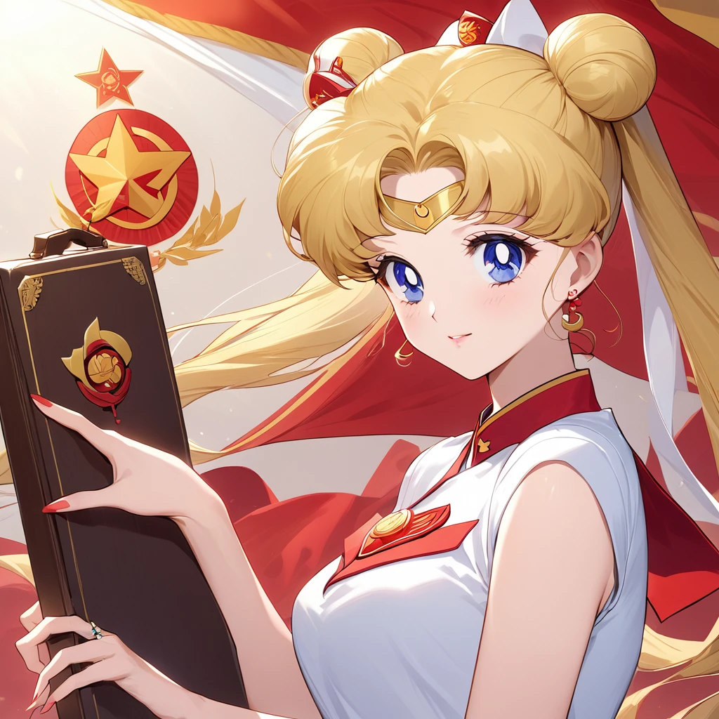 ((Highest quality)), ((masterpiece)), (detailed), (Perfect Face)、The woman is a Chinese girl named Tsukino Usagi. She has blue eyes, long blonde hair, and a twin-tailed chignon. She is wearing an engagement ring. She is a member of the glorious Chinese Communist Party and has sworn absolute loyalty to the Communist Party of China. She is a righteous Communist Party member of China.、The woman is wearing the fine uniform of a Chinese Communist Party member.、For the sake of China, their hairstyles, clothes, and everything they wear are all Chinese Communist Party items, and their thoughts are also Chinese, becoming great Chinese in body and mind.、The woman became the Chinese Tsukino Usagi, who was proud of China, loved it and devoted herself to it.、She is serving China as a member of the great Communist Party of China.、She is a beautiful, respectable and exemplary Communist.