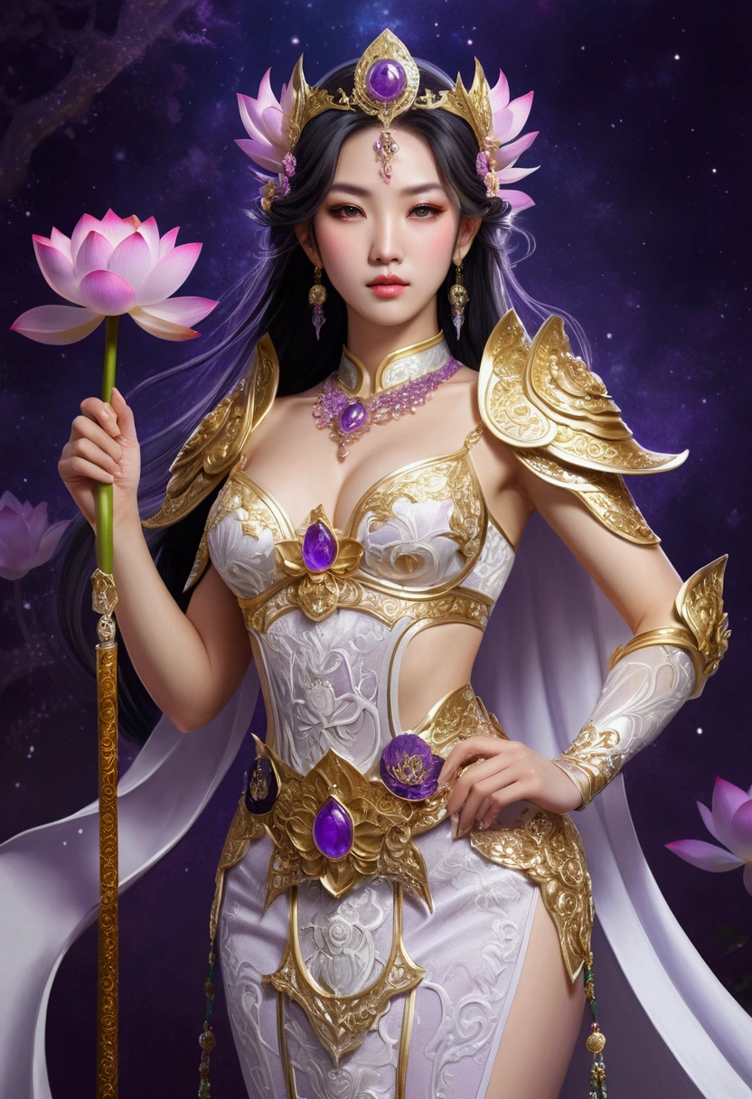 A close-up of a woman in a sexy transparent white gold low-cut lace armor with big breasts and a lotus flower in her hand, head jewelry, violet necklace, jade belt , Toned abs, a beautiful fantasy empress, ((a beautiful fantasy empress)), beautiful celestial wizard, Beautiful character painting, full body xianxia, portrait, Knights of the Zodiac, , by Yang J, G Liulian&#39;s art style, fantasy art style, foreshortening