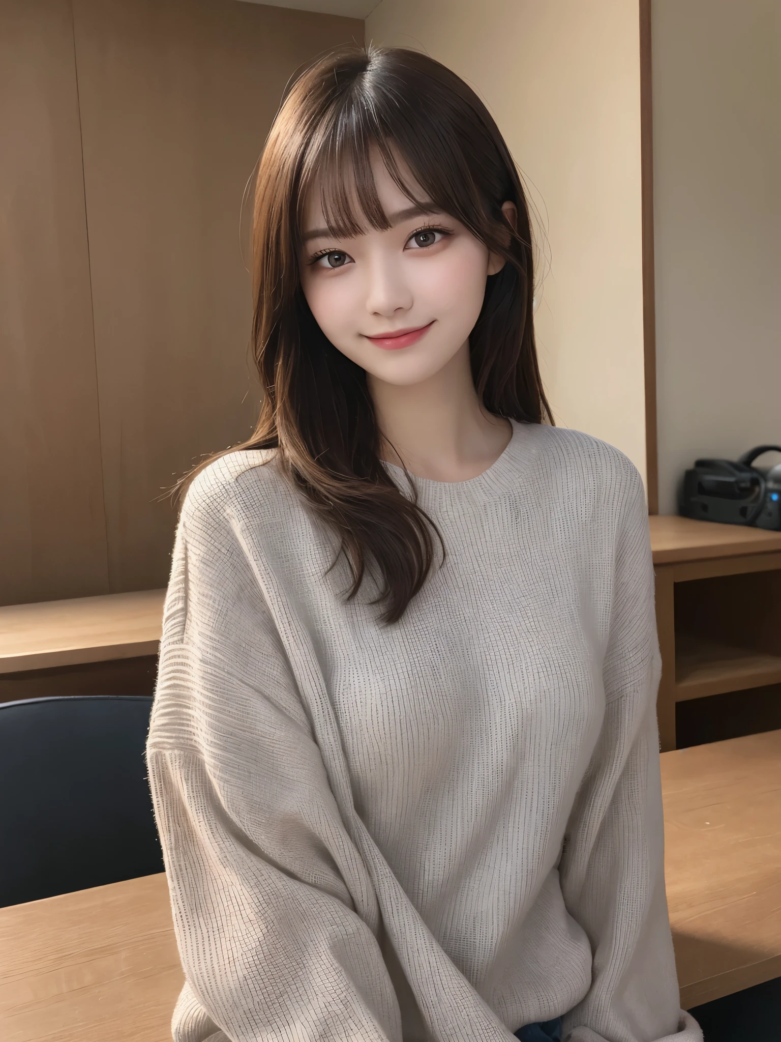 masterpiece, best quality, illustration, ultra-detailed, finely detailed, high resolution, 8K wallpaper, perfect dynamic composition, beautiful detailed eyes, at home, casual clothing, long hair, calm expression, cute, smile, looking at camera