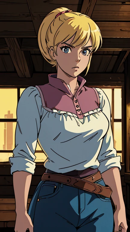 (1girl, betty), (extremely detailed CG unit 8k wallpaper),(master part), (best quality), (ultra detail), (best illustration),(ghibli style), cowboy shot, (Sharp eyeliner, ombre, detail eyes), wild west saloon interiors background, ,break , (sexycowboy), upper body