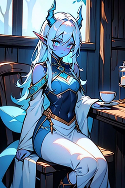 ((best quality)), ((masterpiece)), (detailed), 1girl, height 5 foot 6", eyes pure white [no pupils], skin light blue, hair white,  a set of Fine Clothes consisting of wears a dark cyan body suit, knee high dark blue boots with mock silver linings and small 1 inch heels, a crystalline blue cloth breastplate with icy white linings, connected to an icy blue back skirt that goes down to her knees, now white hair that goes to just past her shoulders, light blue skin, pure white eyes, is 5' 6" long elf like ears, two horns a slightly darker shade of blue then her skin skin coming out of her hair and curling back over/around her horns, and a long slim tail that ends in a spade, frosty breath like in winter, sitting in a fantasy tavern, clear summer weather, a cup of tea on a wooden table