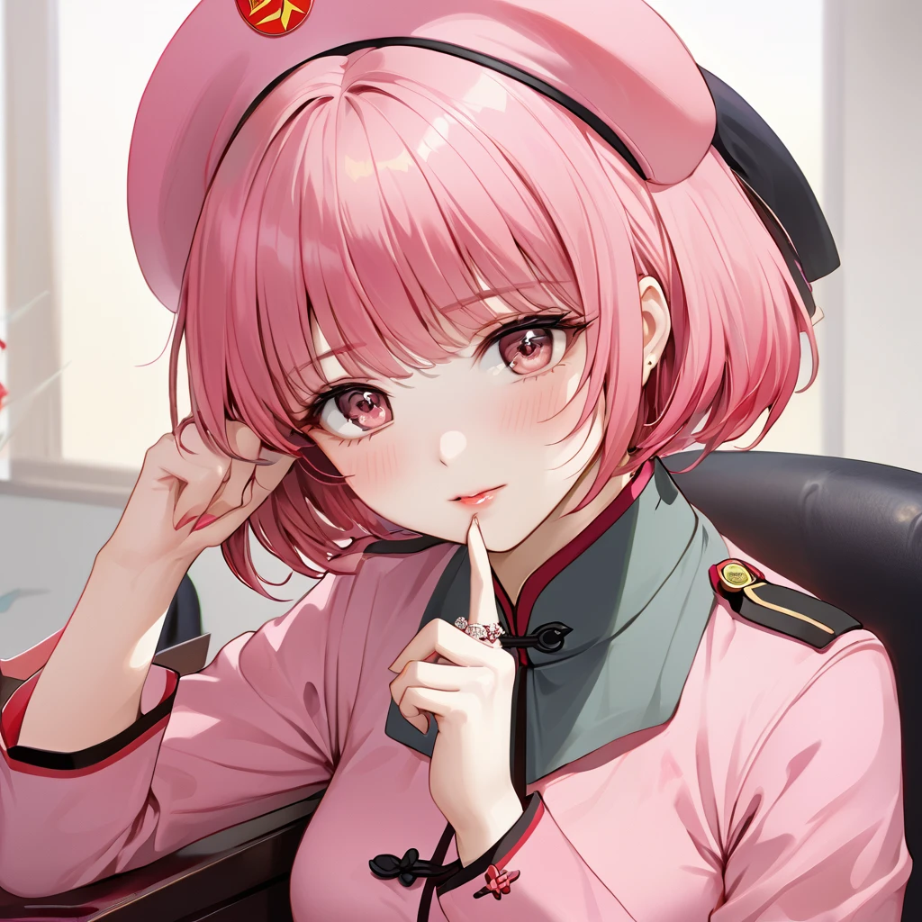((Highest quality)), ((masterpiece)), (detailed), (Perfect Face)、The woman is Chinese Momo Belia Deviluke, a Chinese woman with pink short bob hair and an engagement ring. She has become a member of the glorious Chinese Communist Party and swears absolute loyalty to the Chinese Communist Party. She is a righteous Communist Party member of China.、The woman is wearing the fine uniform of a Chinese Communist Party member.、For the sake of China, their hairstyles, clothes, and everything they wear are all Chinese Communist Party items, and their thoughts are also Chinese, becoming great Chinese in body and mind.、The woman became Momo Belia Deviluke, a Chinese woman who was proud of and loved China.、She is serving China as a member of the great Communist Party of China.、The woman is a beautiful, respectable and exemplary Communist Party member.