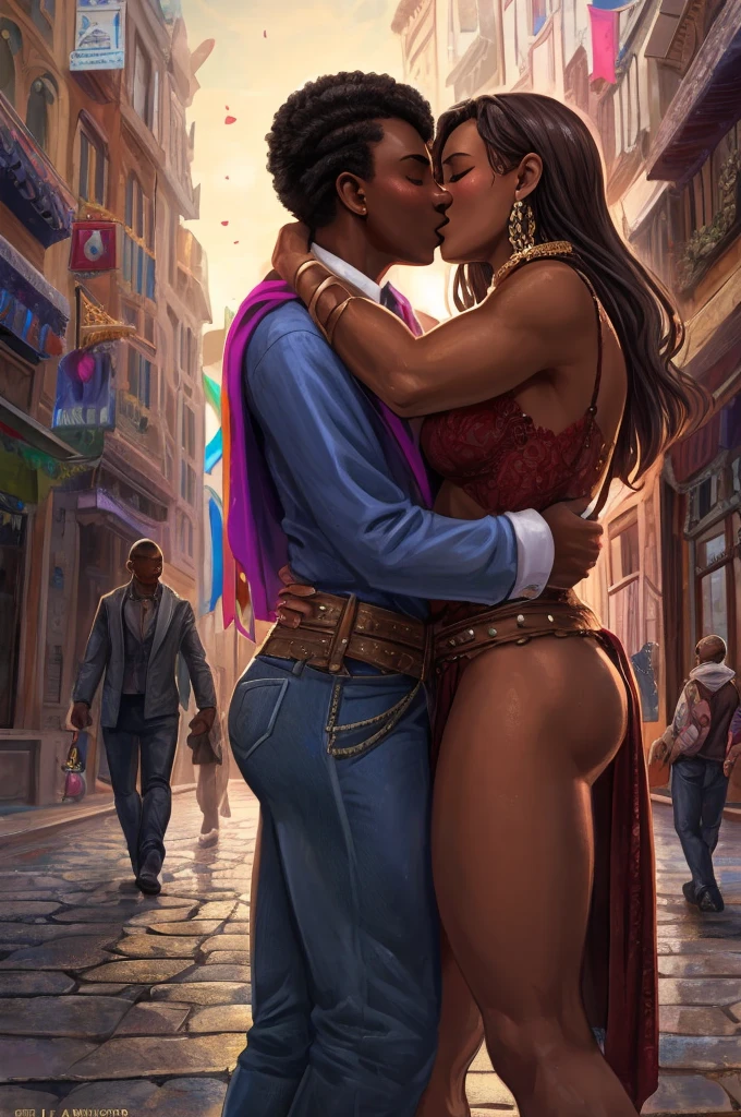a couple of people that are hugging each other in the street, lgbt art, couple kissing, lesbian art, by Andrée Ruellan, concept art of love, gay, by Matija Jama, by Ella Guru, they are in love, artist unknown, by Gee Vaucher, lovers, by Noe Canjura, ( ( dark skin ) )