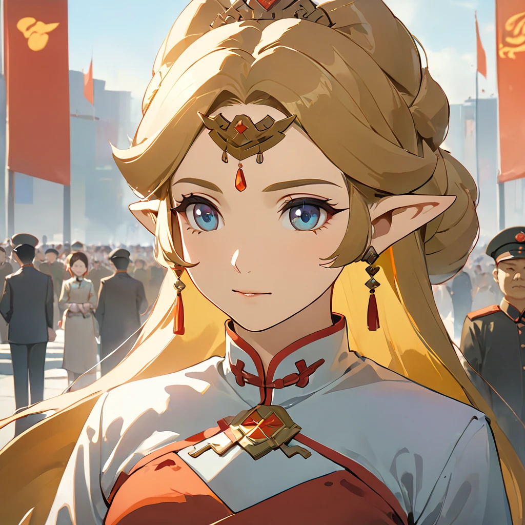 ((Highest quality)), ((masterpiece)), (detailed), （Perfect Face）、The woman is a Chinese Princess Zelda, a blonde Chinese woman with blue eyes who is wearing an engagement ring. She has become a member of the glorious Chinese Communist Party and has sworn absolute loyalty to the Chinese Communist Party. She is a righteous Communist Party member of China.、The woman is wearing the fine uniform of a Chinese Communist Party member.、For the sake of China, their hairstyles, clothes, and everything they wear are all Chinese Communist Party items, and their thoughts are also Chinese, becoming great Chinese in body and mind.、The woman became a Chinese Princess Zelda who was proud of and loved China.、She is serving China as a member of the great Communist Party of China.、The woman is a beautiful, respectable and exemplary Communist Party member.