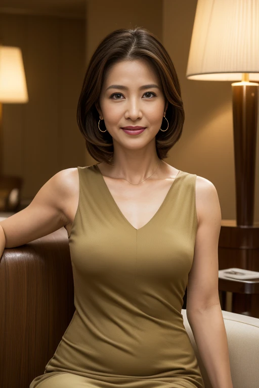 Masseter muscle area, Highest quality, masterpiece, High resolution, Photorealistic, RAW Photos, 8k wallpaper, perfection, Professional Lighting, Very detailed, Depth of written boundary, ((Beautiful woman)), ((Sexy 40 year old women)), (In the hotel lobby), ((Earth Tone Dress)), ((Look into the viewer&#39;s eyes)), Detailed face, Beautiful Eyes, (Sit with good posture and facing forward), Bans, Shapely small breasts, (Sexy look), Light brown straight hair, (Thick lips), ((Place your arms between your legs))
