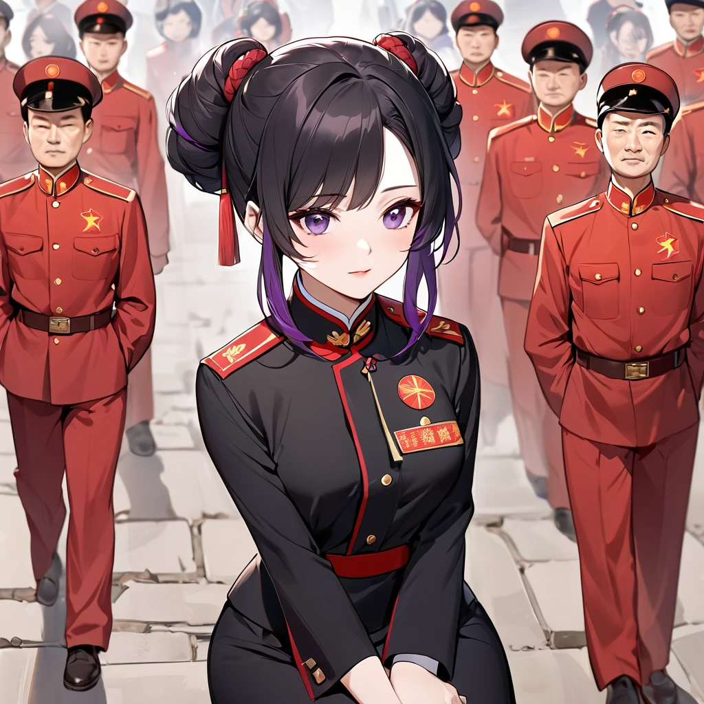 ((Highest quality)), ((masterpiece)), (detailed), （Perfect Face）、The woman is a Chinese woman named Kocho Shinobu, with medium-long black hair with purple ends, tied up in a bun, and wearing an engagement ring. She is a member of the glorious Chinese Communist Party and has sworn absolute loyalty to the Communist Party of China. She is a righteous Communist Party member of China.、The woman is wearing the fine uniform of a Chinese Communist Party member.、For the sake of China, their hairstyles, clothes, and everything they wear are all Chinese Communist Party items, and their thoughts are also Chinese, becoming great Chinese in body and mind.、The woman became Shinobu Kocho, a Chinese woman who was proud of China, loved it and devoted herself to it.、She is serving China as a member of the great Communist Party of China.、The woman is a beautiful, respectable and exemplary Communist Party member.