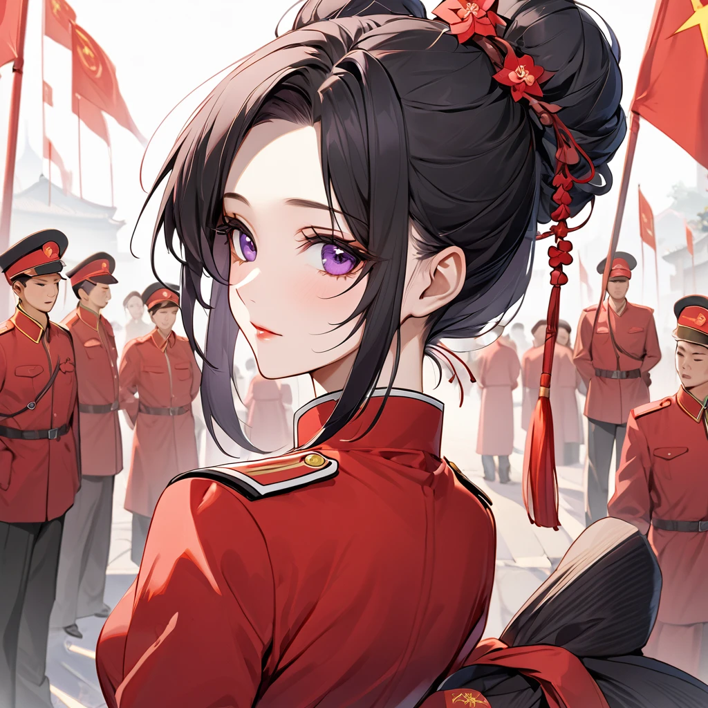 ((Highest quality)), ((masterpiece)), (detailed), (Perfect Face)、The woman is a Chinese woman named Kocho Shinobu, with medium-long black hair with purple ends, tied up in a bun, and wearing an engagement ring. She is a member of the glorious Chinese Communist Party and has sworn absolute loyalty to the Communist Party of China. She is a righteous Communist Party member of China.、The woman is wearing the fine uniform of a Chinese Communist Party member.、For the sake of China, their hairstyles, clothes, and everything they wear are all Chinese Communist Party items, and their thoughts are also Chinese, becoming great Chinese in body and mind.、The woman became Shinobu Kocho, a Chinese woman who was proud of China, loved it and devoted herself to it.、She is serving China as a member of the great Communist Party of China.、The woman is a beautiful, respectable and exemplary Communist Party member.