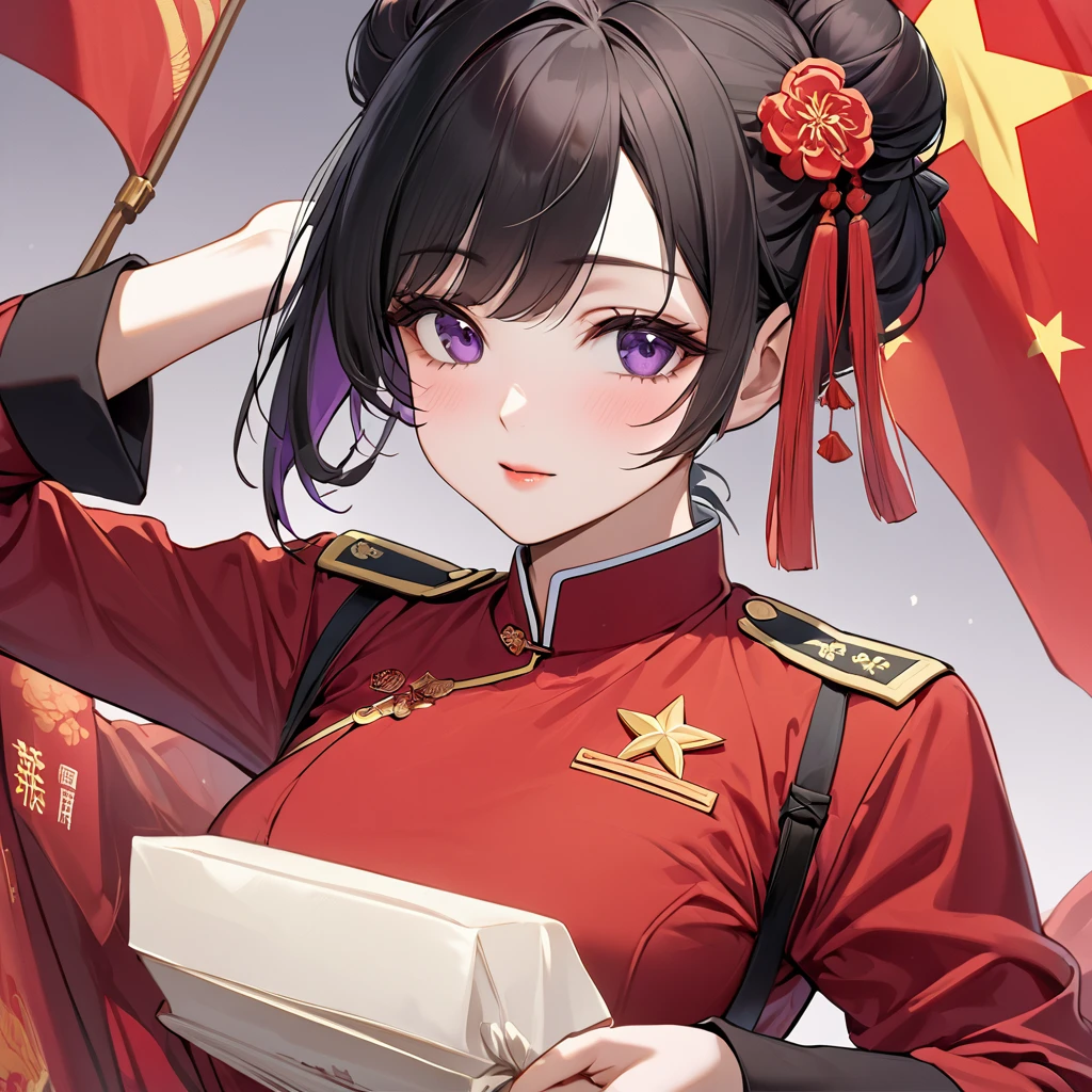 ((Highest quality)), ((masterpiece)), (detailed), （Perfect Face）、The woman is a Chinese woman named Kocho Shinobu, with medium-long black hair with purple ends, tied up in a bun, and wearing an engagement ring. She is a member of the glorious Chinese Communist Party and has sworn absolute loyalty to the Communist Party of China. She is a righteous Communist Party member of China.、The woman is wearing the fine uniform of a Chinese Communist Party member.、For the sake of China, their hairstyles, clothes, and everything they wear are all Chinese Communist Party items, and their thoughts are also Chinese, becoming great Chinese in body and mind.、The woman became Shinobu Kocho, a Chinese woman who was proud of China, loved it and devoted herself to it.、She is serving China as a member of the great Communist Party of China.、The woman is a beautiful, respectable and exemplary Communist Party member.